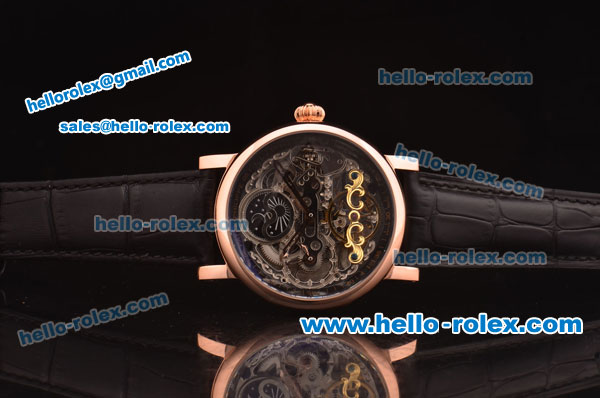 Patek Philippe Skeleton Tourbillon SM Phase Automatic Rose Gold Case Black Leather Strap - Click Image to Close